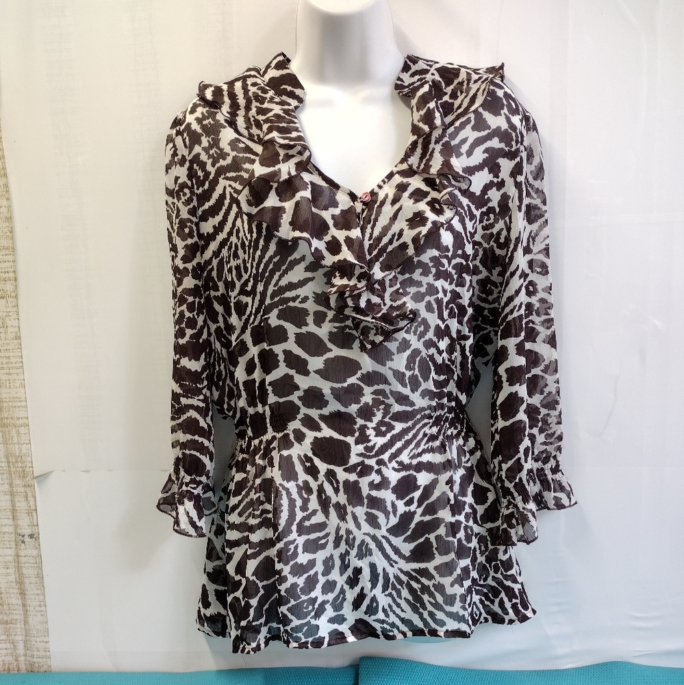 Quintessential Sheer Animal Print Blouse 3/4 Sleeves Elast Waist - Size L